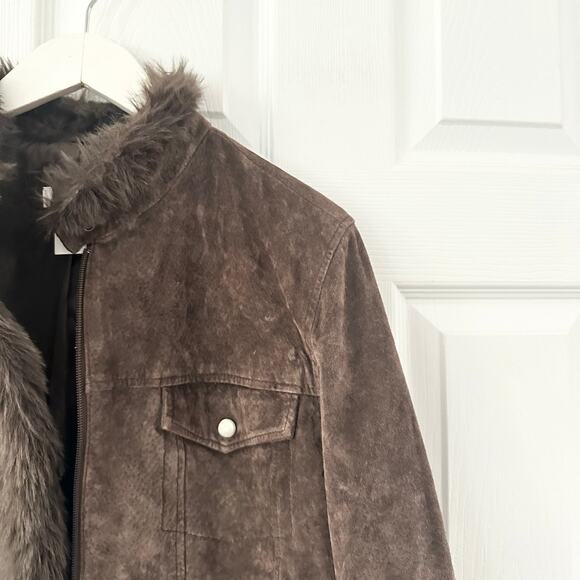 Coldwater Creek Chocolate Brown Suede Fur Trim Zip Trucker Jacket Y2K Vintage L - Picture 4 of 9